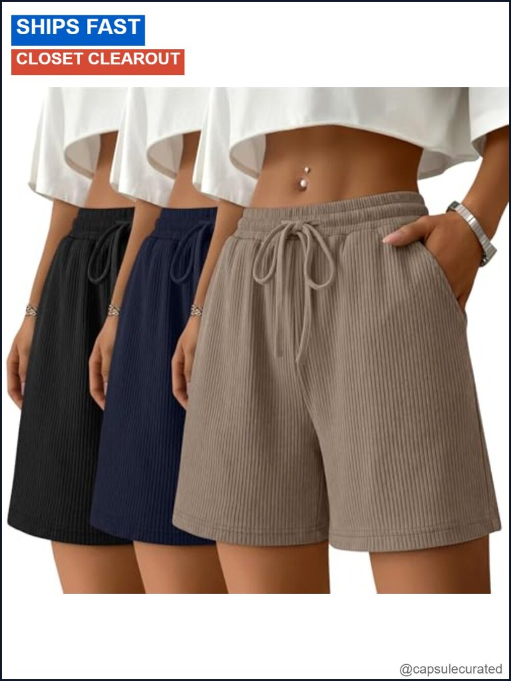 Women's Ribbed Knit Sweat Shorts 3 Pack with Drawstring and Pockets
